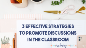 A desk with light pink decor and an open notebook that reads 3 effective strategies to promote discussion in the classroom.