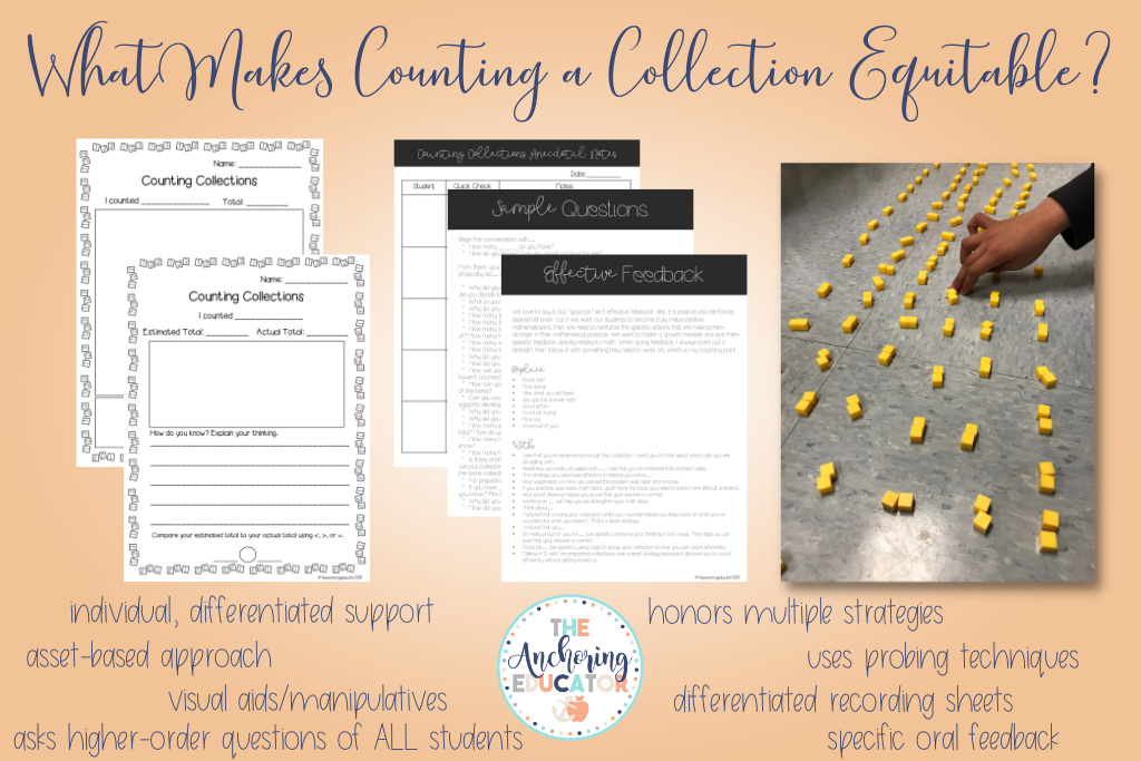 What makes counting a collection equitable? Individual, differentiated support, asset-based approach, visual aids/ manipulatives, asks higher-order questions of ALL students, honors multiple strategies, uses probing techniques, differentiated recording sheets, specific oral feedback. Photos of my resource including 2 recording sheet pages, effective feedback, sample questions, and using anecdotal notes to keep track of student thinking and progress. There is a photo of a student counting yellow cubes by twos. 