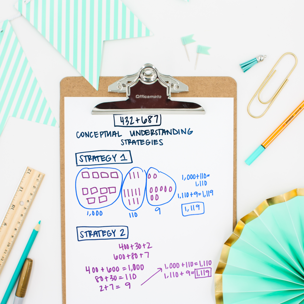 An image of a clip board with sea green decorations surrounding it with the problem 432 + 687 being solved with a mathematical conceptual understanding.