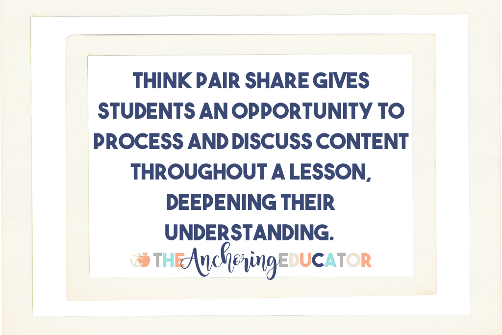 A quote in blue letters with a cream frame that reads think pair share gives students an opportunity to process and discuss content throughout a lesson, deepening their understanding. 