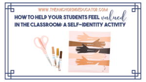 The title of this photo is How to Help Your Students Feel Valued in the Classroom: A Self-Identity Activity. There is a photo of scissors, markers and arms with diverse skin that say worthy on them.