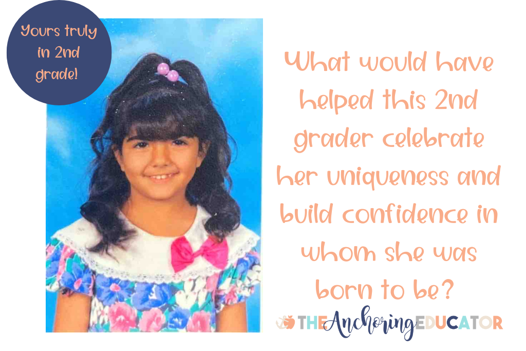 School picture of Persian-American girl with a floral dress on, bangs and a half up half down hairstyle on left side of image. On the right side of the image it reads "What would have helped this 2nd grader celebrate her uniqueness and build confidence in whom she was born to be?"