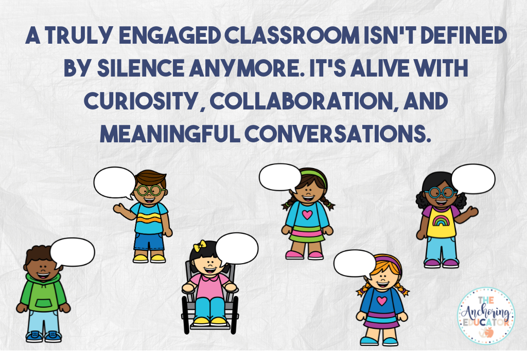 Illustration of five diverse students with speech bubbles around them. The text at the top says: ‘A truly engaged classroom isn't defined by silence anymore. It's alive with curiosity, collaboration, and meaningful conversations.’ This image promotes creating a learning environment that's collaborative and supportive of English language learners in the classroom.