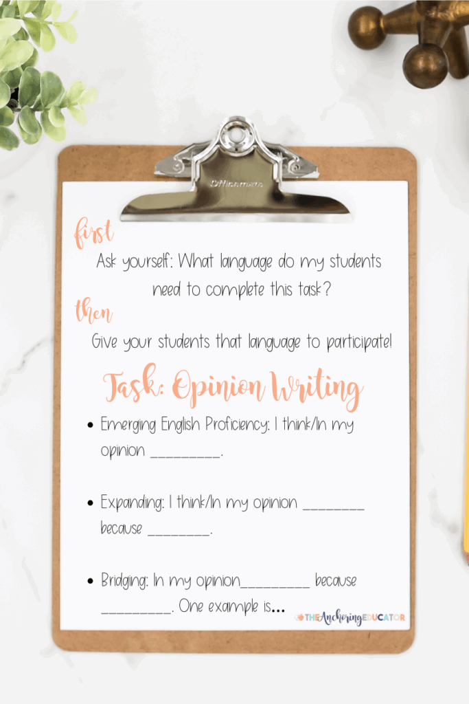 Sentence frames for English learners on a clipboard, showing opinion writing supports for emerging, expanding, and bridging English proficiency levels.